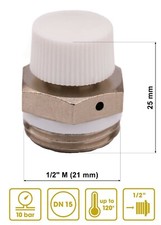 1/2" Radiator AIR Vent Bleed Plug Valve - NO Key Needed - Cast or Steel Radiator