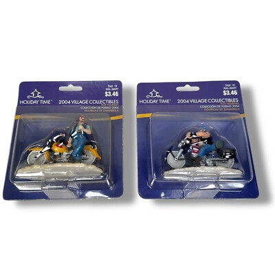 Vintage Holiday Time 2004 Village Motorcycle Rider Biker Figurines Lot of 2 New