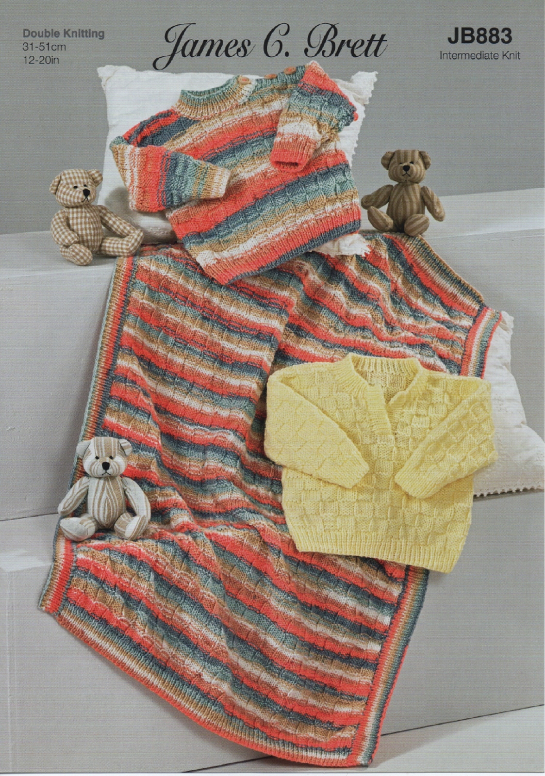 Knitting Pattern James Brett DK Intermediate Baby Blanket & Sweaters (JB883)