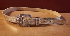 Womens Cache Leather Belt M Medium Rhinestone Trim Gold Lizard Embossed Ladies