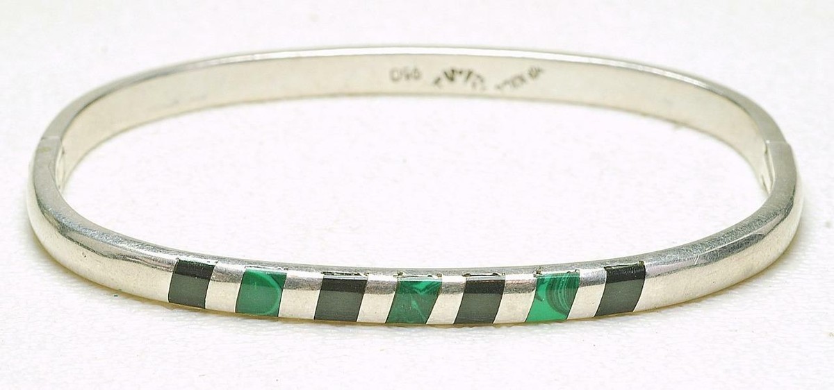 VINTAGE Mexican Sterling Silver Malachite & Blk Onyx Ladies Thin