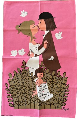 NOS Raymond Peynet Linen Tea Towel French Lovers Cupid L'art d'aimer Le baiser