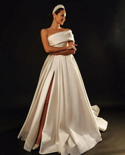 Ivory One Shoulder Wedding Dresses with Side Split Sexy Sweep Train Bridal Gowns