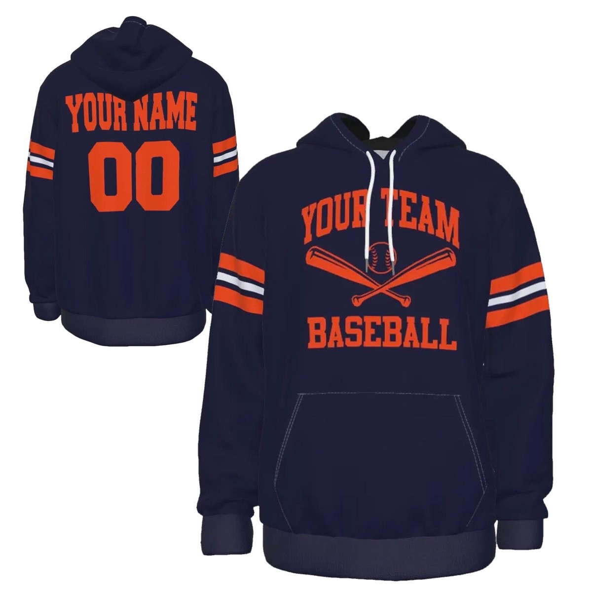 Fully Custom Navy Blue Orange Baseball Team Sports Hoodie Sweatshirt