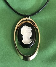 Vintage Inspired Cameo Raised Glass Lady Gold Tone Pendant. W/ 17 Necklace