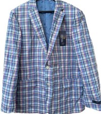 Stafford SIgnature Blue Plaid Cotton Sport Coat, Men's Size 44 REG with Tags