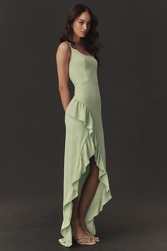 NEW DRESS THE POPULATION Sage CHARLENE Square Neck ASYMM RUFFLE Side Slit GOWN M - Picture 13 of 21