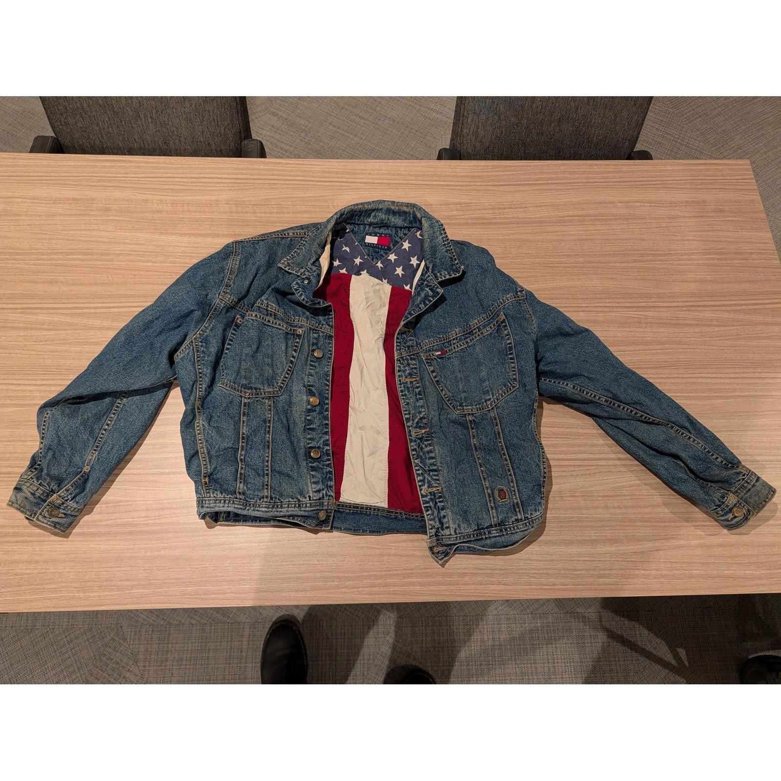 Vintage 90s Tommy Hilfiger Denim Trucker Jacket American Flag Lining Mens Size L