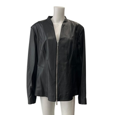 $1145 NWT Marina Rinaldi Black Leather Emma Zip Jacket size FR 54/US 20