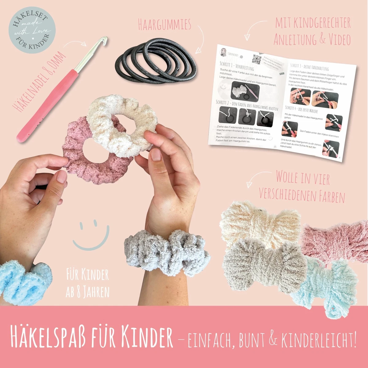 HÄKELset Kinder Scrunchies DIY HÄKELn Lernen Kreativ Geschenk Mädchen 8 Jahre