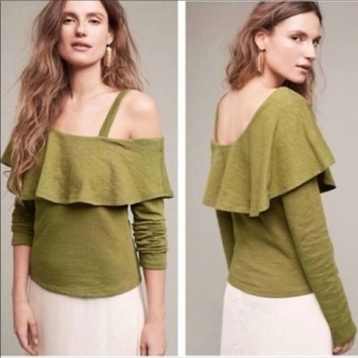Postmark Anthropologie Olive One Shoulder Ruffle Top Size Medium EUC boho fairy