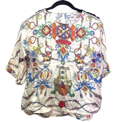 Vintage Vera Moda Silk Blouse Baroque Print Beaded Shoulder Size 38 M #4b
