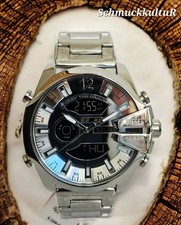 Diesel Mega Chief Uhr DZ4648 Herren Edelstahl Silberfarbe Analog Digital NEU OVP