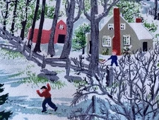 Grandma Moses Mid Century 1952 Springtime On The Farm Barkcloth Vintage Fabric