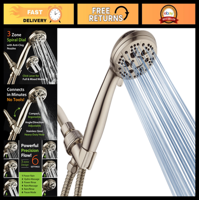 #ad #ad High Pressure 6 Setting Handheld Shower Head with Stainless Steel Hose Brushed $51.99