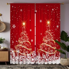 Christmas Curtains Red, Gold Sparkle Tree and Snowflake Print Lightweight Dra...