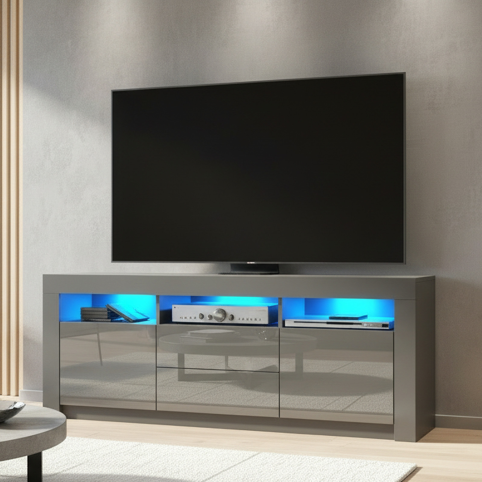TV Unit TV Stand Sideboard Cabinet Grey Gloss LED Shelves Modern Storage 160cm
