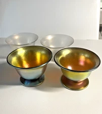 Steuben Glass  (2) Gold Blue Aurene Salt & (2) Verre De Soie Salt.