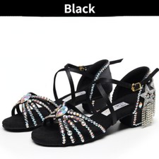 Girls Dance Dress Shoes Low Heel Sandals Rhinestone Tassel Fringe Ballroom