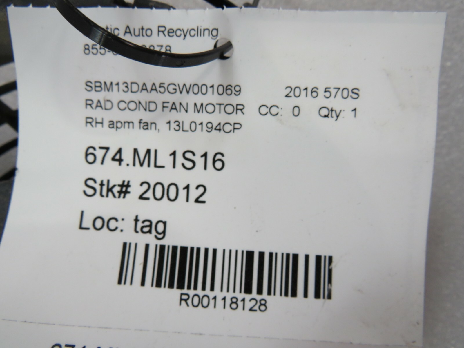 McLaren 570S, RH, Right APM Cooling Fan, Used, P/N 13L0194CP