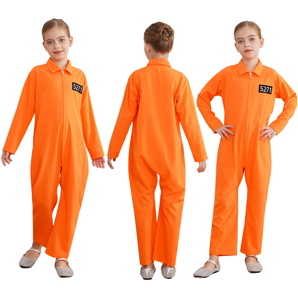 Kids Prisoner Costume Comfortable Romper Prison Jumpsuit Long Sleeve Leotard - Image 3 of 3