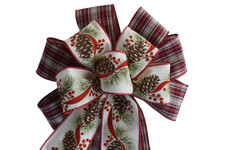 10" Hand Made Wired 2 Ribbon Plaid Pine Cone Holly Wreath Bow Christmas Holiday