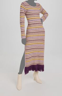 $465 Cinq à Sept Women's Purple Striped Knit Fringe Sloane Sweater Dress Size XL