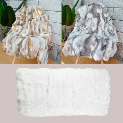 100% Real Fur Throw Natural Rabbit Fur Pelts Blanket Rug Soft Patchwork Leather