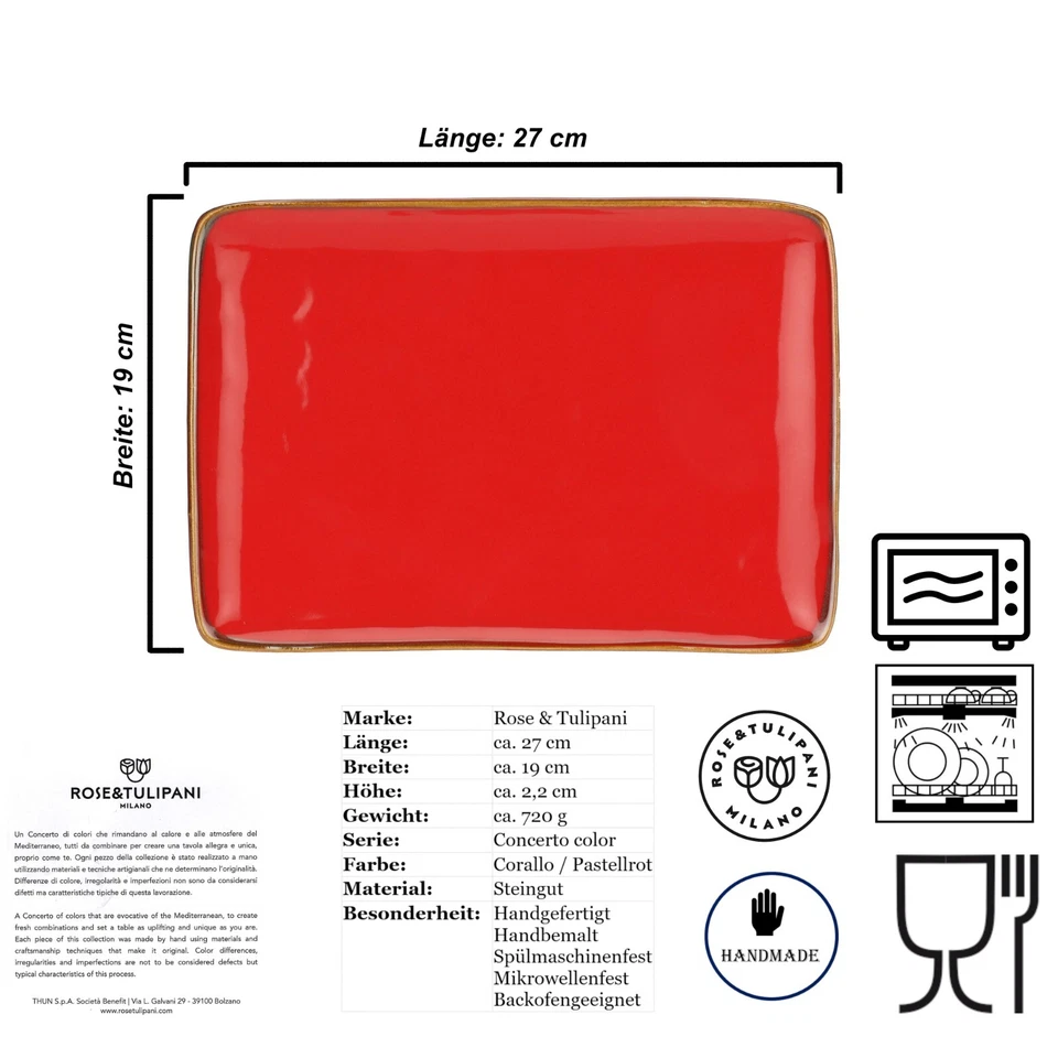 Teller rechteckig Platte Servierplatte Servierteller Concerto Corall Rot 27x19cm - Bild 3 von 4