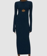  425 Helmut Lang Women's Blue Cutout Ribbed Long Sleeve Maxi Dress Size Medium