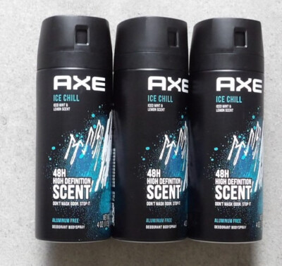 3 AXE Deodorant Bodyspray ICE CHILL Mint & Lemon Scent 48H High Defin 4 Oz Each