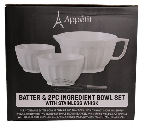 Appetit Batter & 2 Piece Ingredient Bowl Set w/Stainless Whisk New in Box  White - Picture 2 of 7