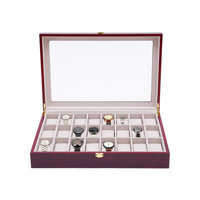 Ebony Wood Watch Box Case Container Glass 24 Grid Top Jewelry Storage Organizer