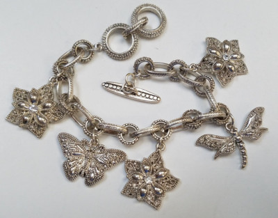BUTTERFLY FLOWERS Cute Silver Charm Fashion Bracelet Toggle Lock  NEW Lady Girls