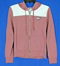 PINK Victoria's Secret ROSE/WHITE Knit LOGO SPELL-OUT Zip-Up HOODED JACKET Sz S
