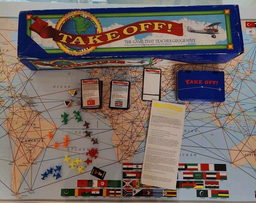 Take Off! Brettspiel. Das Spiel, das Geographie lehrt Vintage 90er Bildungskarte