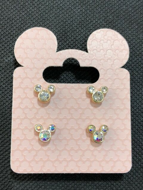 2 pair set Disney Mickey Girls Lady's Swarovski Crystal Earrings BNWT Gold Tone