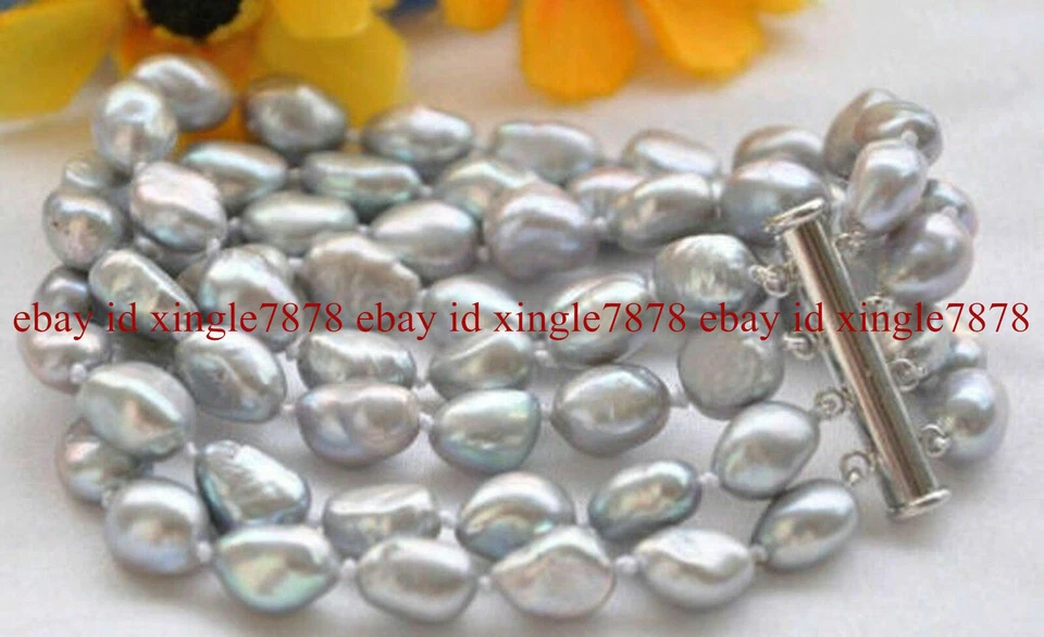 Brazalete de perlas barrocas de agua dulce gris natural genuino 4 filas 8-9 mm 7,5" Foto 2 de 4