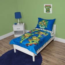 TMNT 4 Piece Toddler Bedding Set Blue - Comforter, Fitted Sheet, Pillowcase