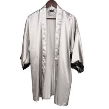 Vtg Frederick's of Hollywood Robe Women Med Silver Satin Lace Trim No Belt