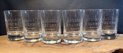 6 ORIGINAL OVAL BULLEIT BOURBON FRONTIER WHISKEY GLASSES  NOS EMBOSSED-WEIGHTED