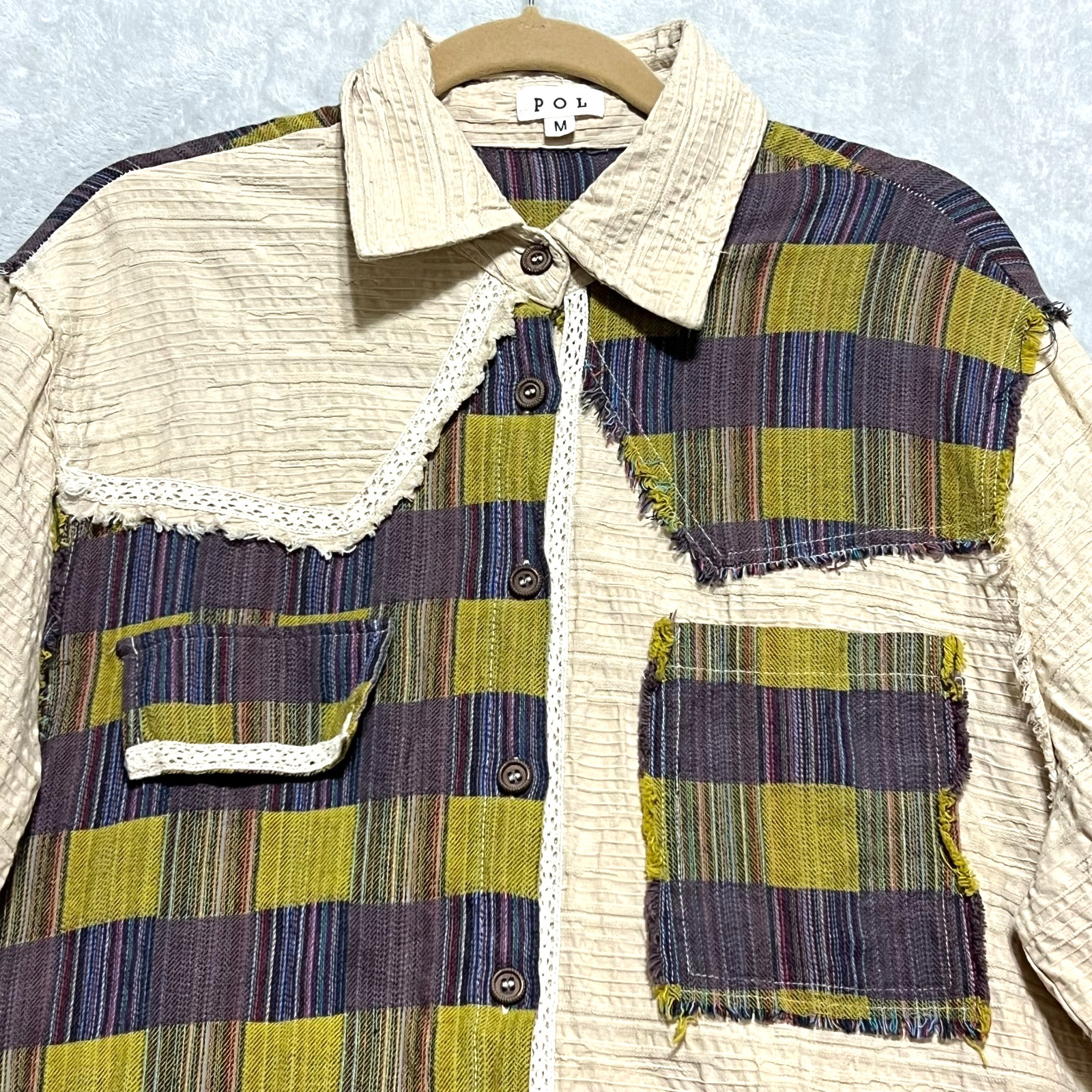 POL Patchwork Oversized Button Up Shirt Womens M … - image 1
