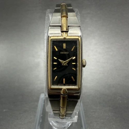 Seiko Tank Watch Women 13mm Black Dial Two Tone Rectangle 2E20-0AY0 New Batt II6