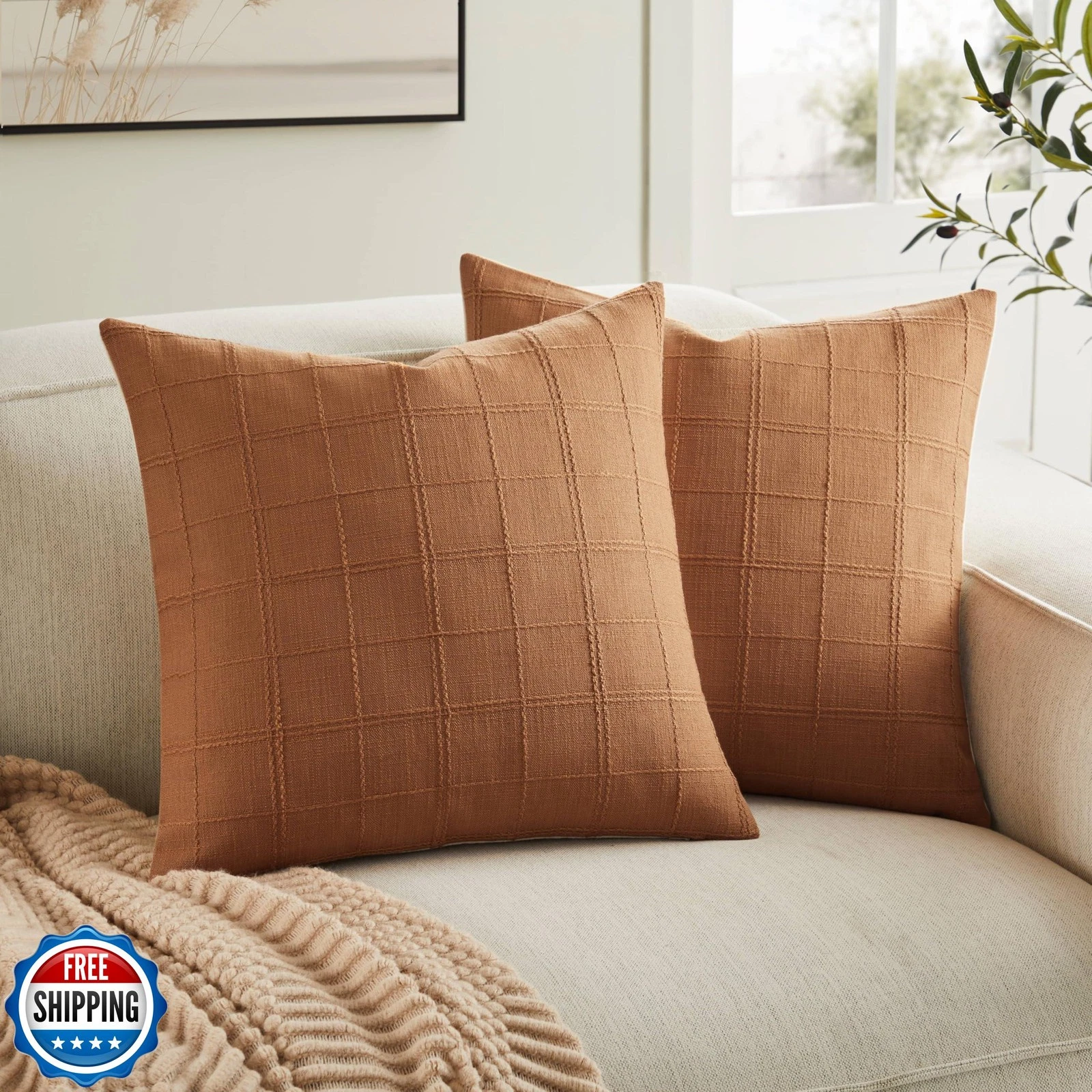 ZeeMart Linen Checked Throw Pillow Covers Set of 2, 24x24 Inch Caramel/Cream,