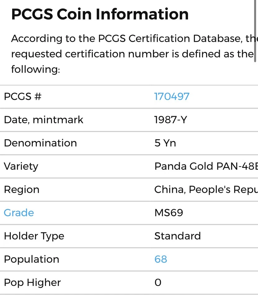 1987-Y 5 Yuan China 1/20 Oz Gold Bullion Panda Coin • MS69 TOP POP • KEY DATE - Image 2 of 4