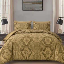 WONGS BEDDING Gold Comforter Set King Size, Damask Texture Design 7 Pieces Bed