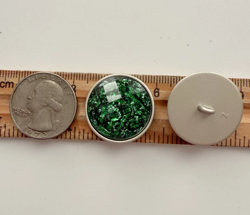 22mm Green Silver Crystal Flake Matte Silver Metal Buttons 6PC - Image 2 of 4