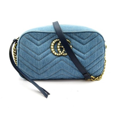GUCCI GG Marmont Quilted Small Camera Bag 447632 Denim / Leather Shoulder Ba...