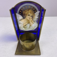 Vintage Enesco Angel Stained Glass  Brass Votive Tea Light Candle Luminary