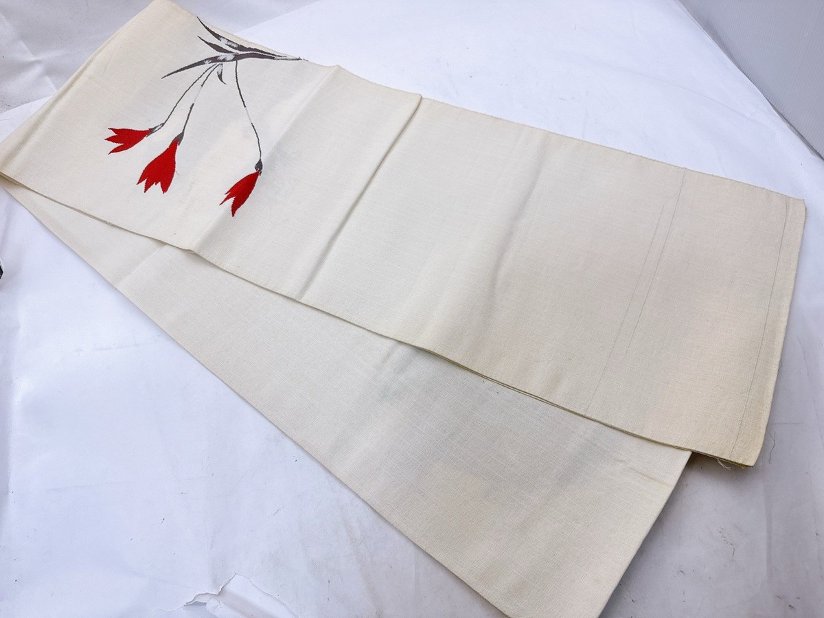 Vintage Japanese Nagoya Obi Kimono Belt Cream Color with Red  display picture 1